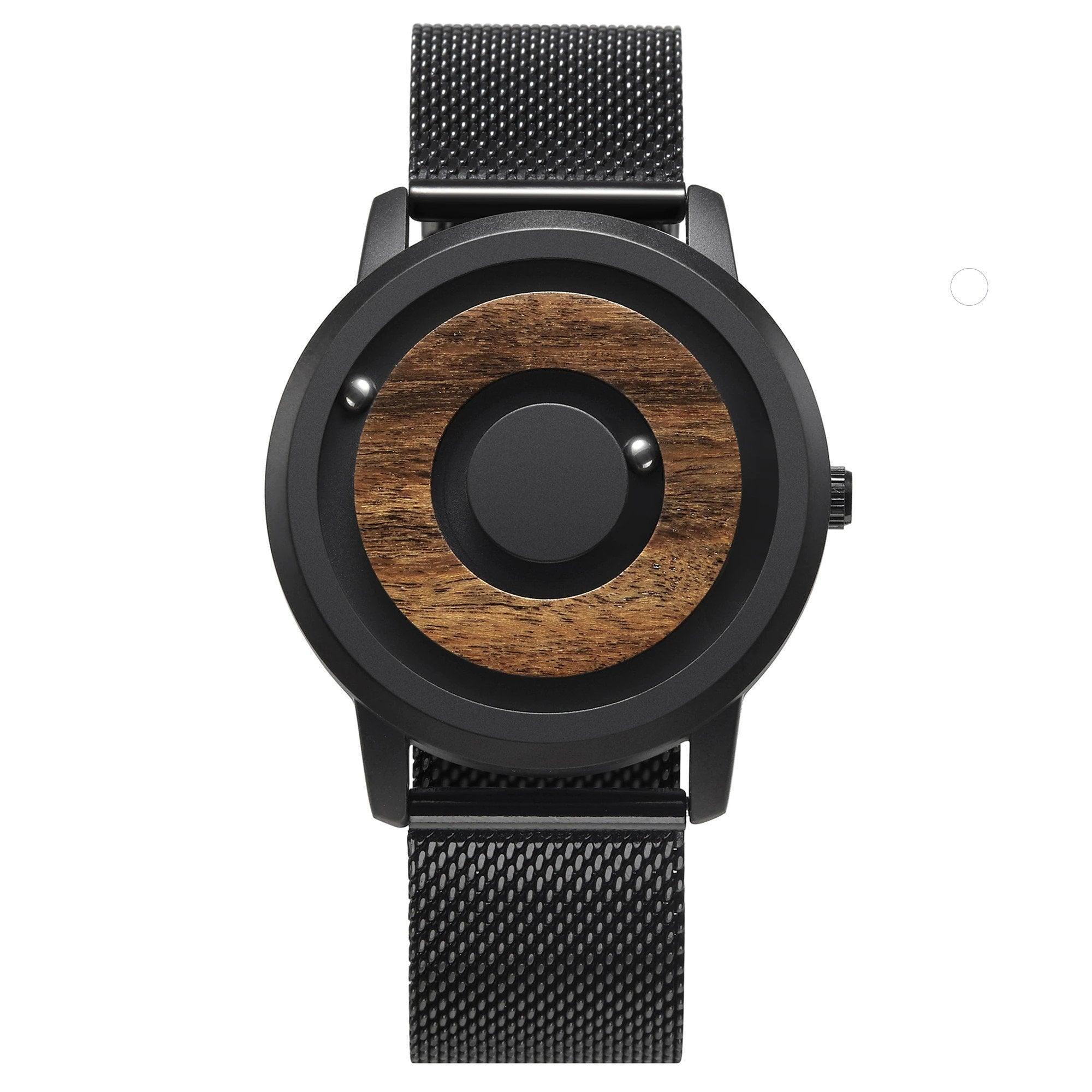 minimal rotating magnetic ball wooden watch front view