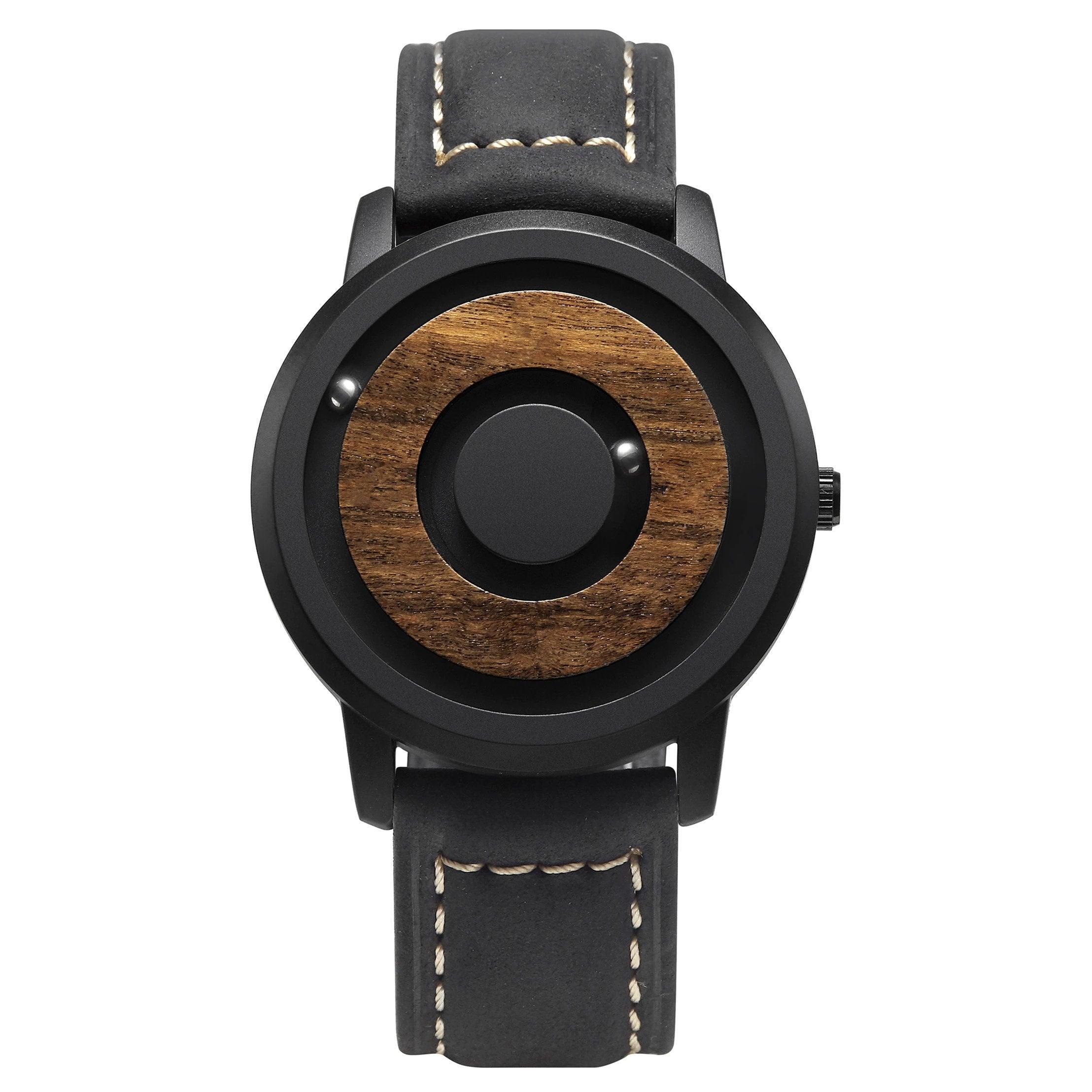 minimal rotating magnetic ball wooden watch front view