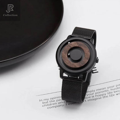 side view of retro mechanical magnetic ball wooden watch