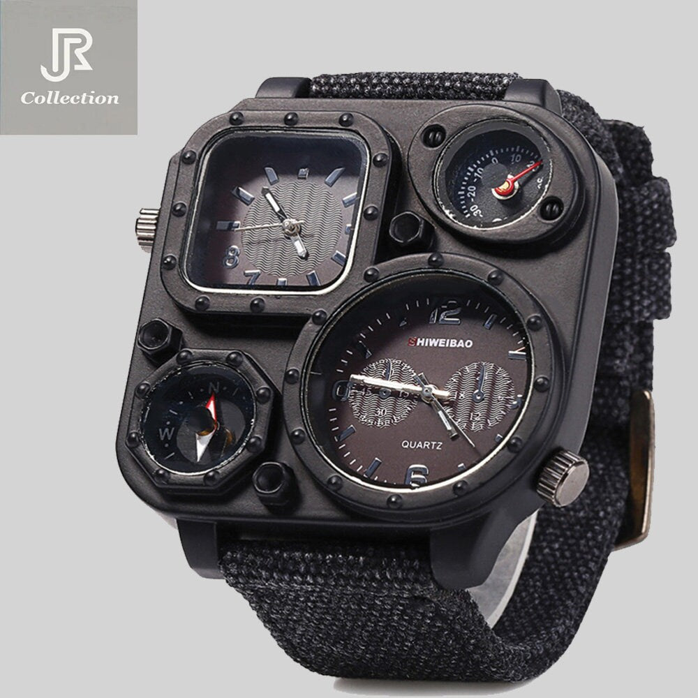 close-up of compass dial square quartz sport watch dual movement