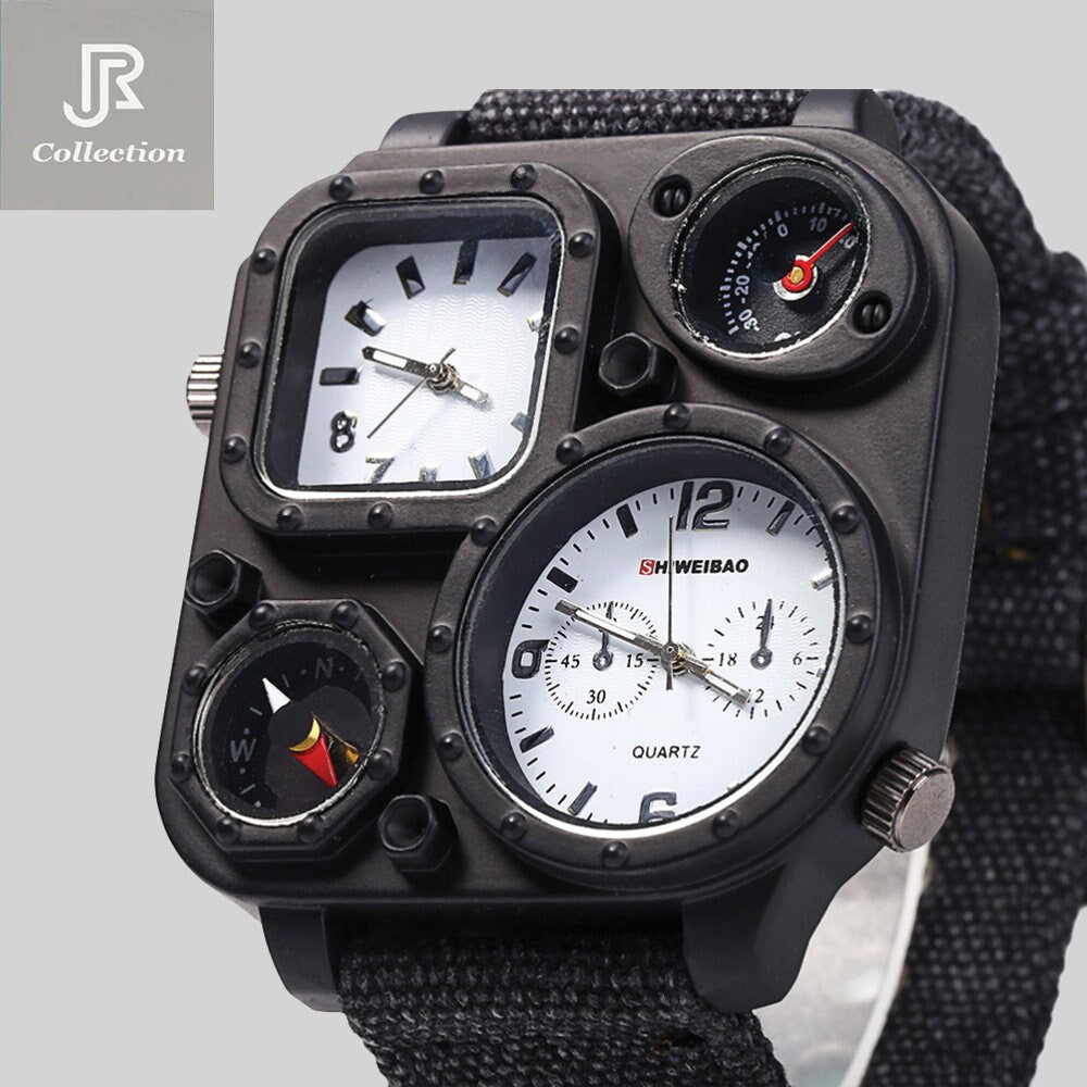 side view square compass dual movement sport watch with canvas strap