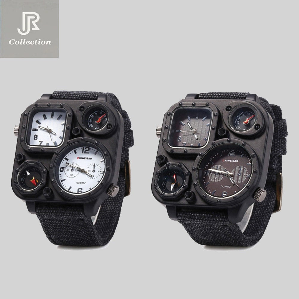 square compass canvas quartz sport watch dual movement front view