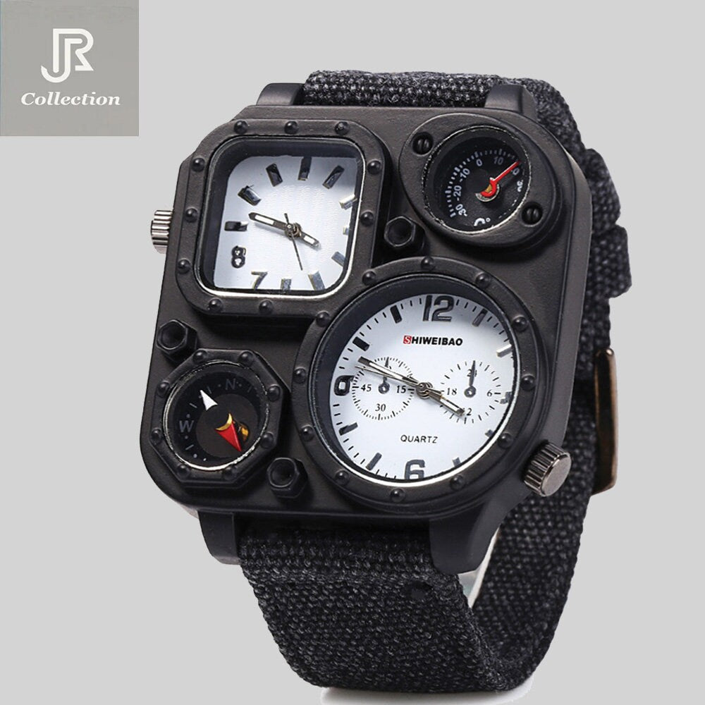close-up of compass dial square quartz sport watch dual movement
