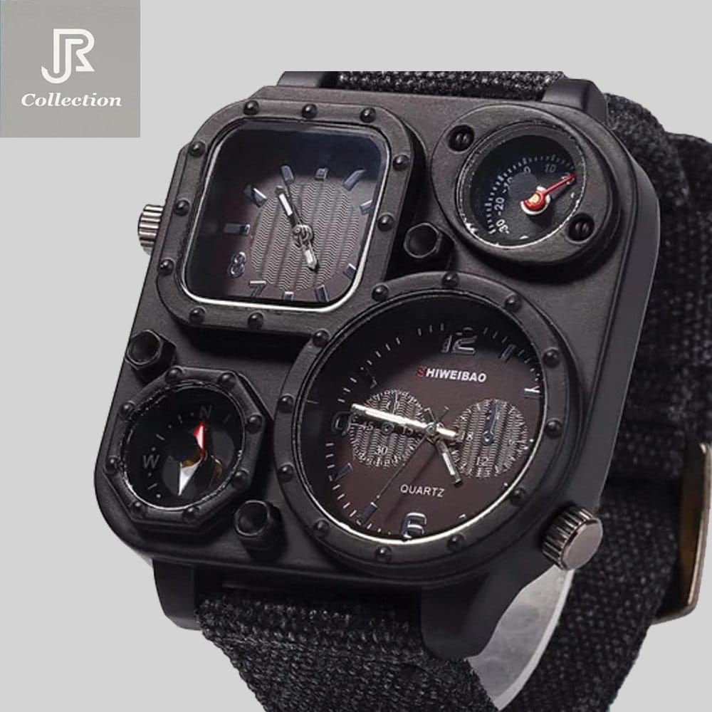 close-up of compass dial square quartz sport watch dual movement