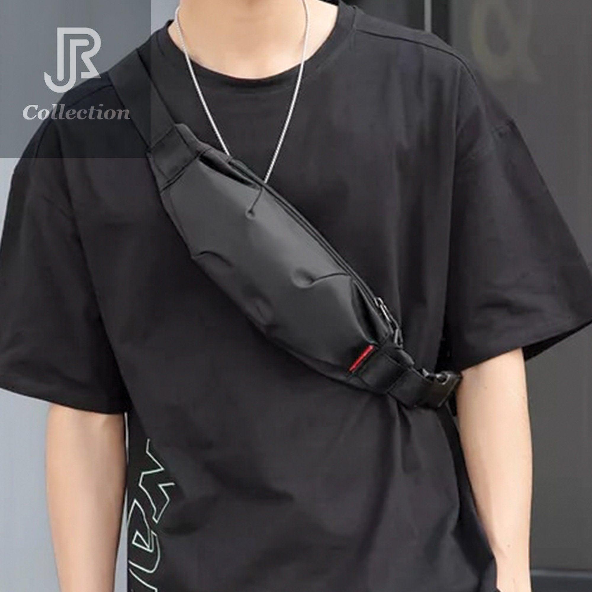 model wearing waterproof chest and shoulder bag casual streetwear