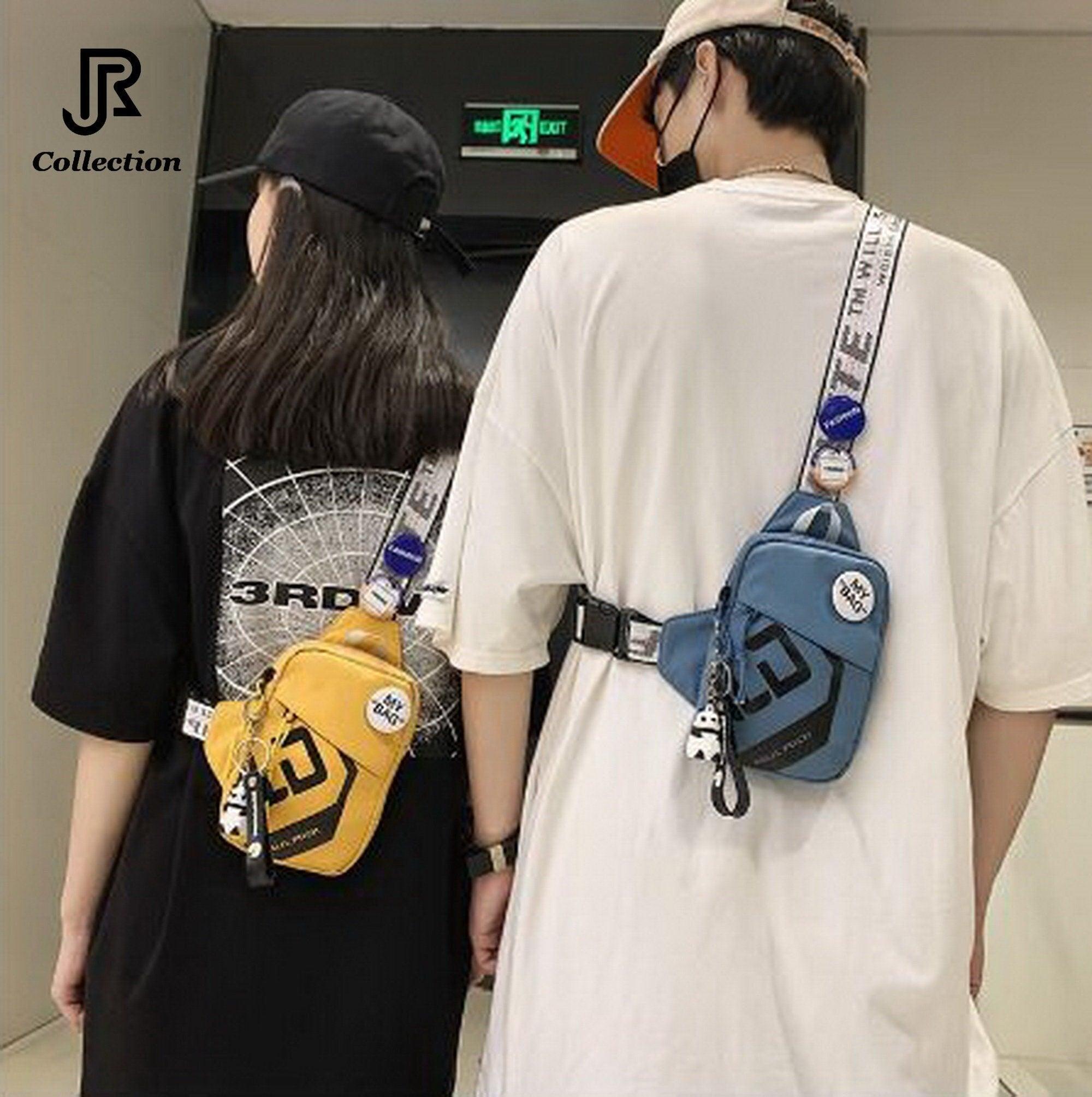 model wearing colorful sling crossbody shoulder bag casual style