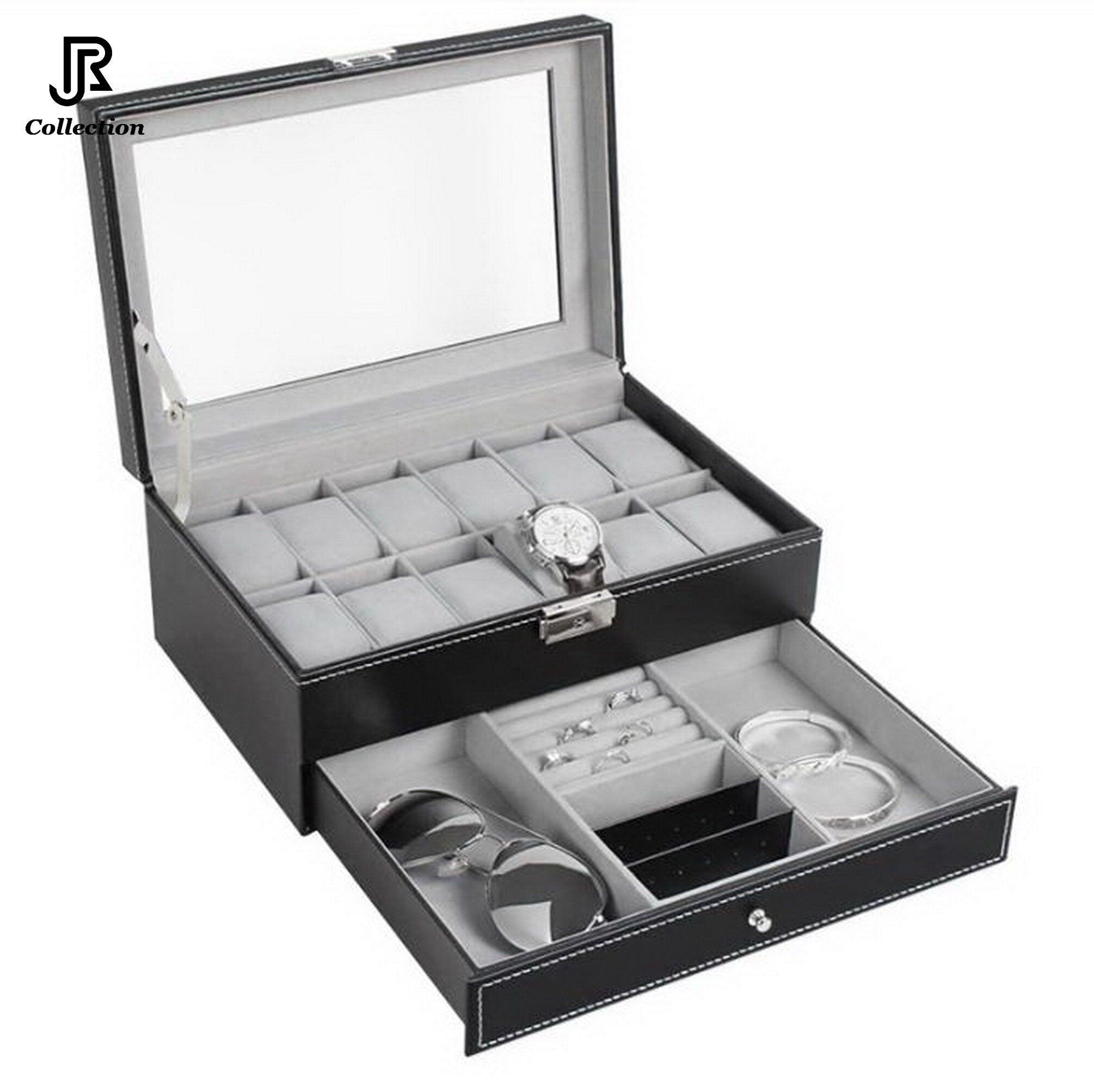 watches displayed inside PU leather watch box