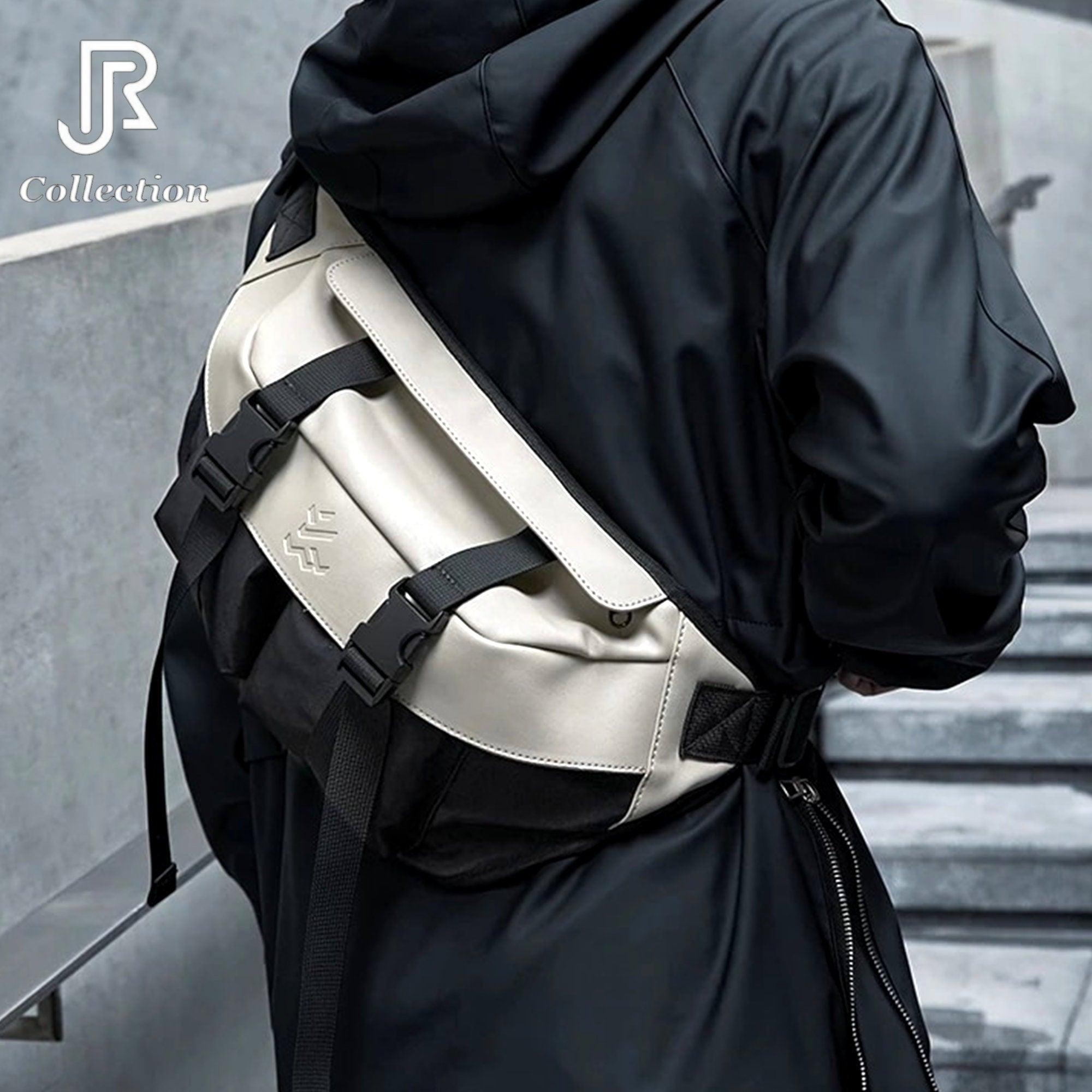 model wearing fashionable west bag chest sling crossbody streetwear