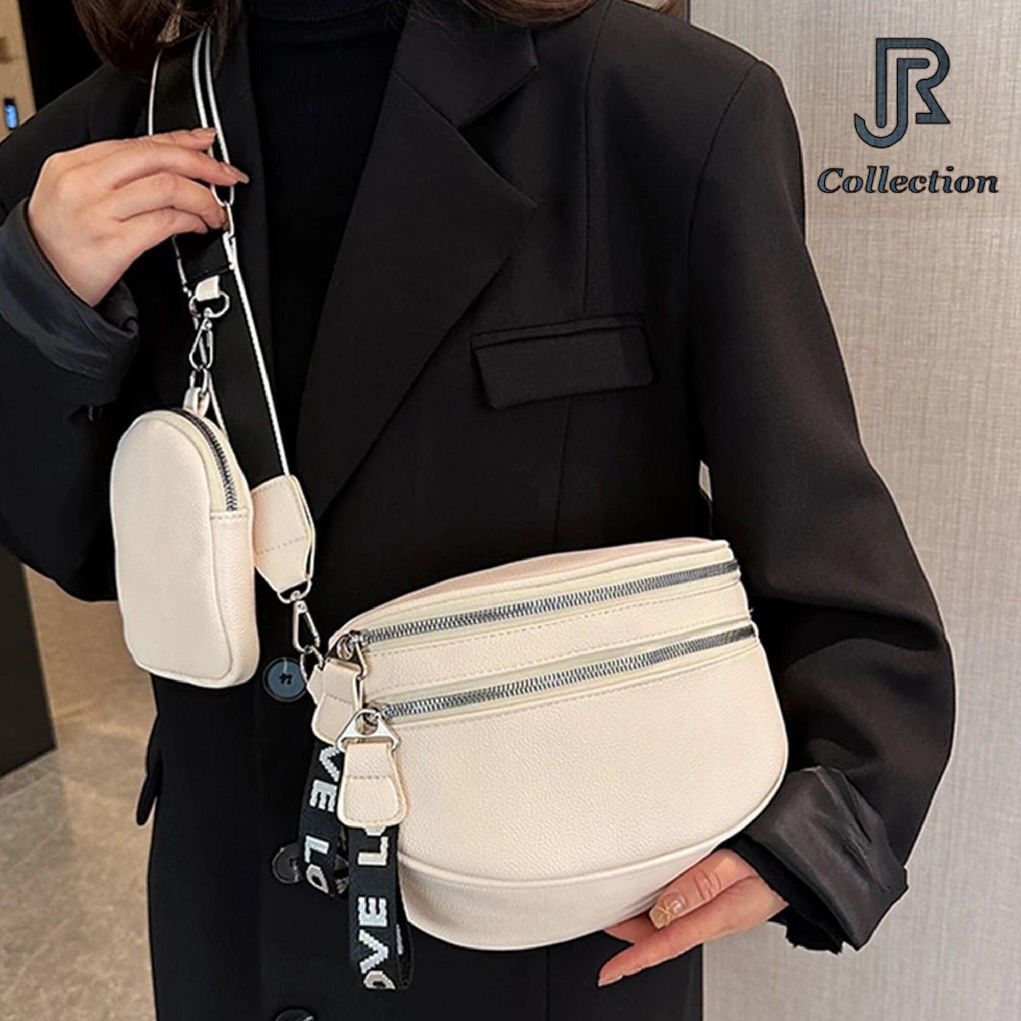 model wearing women’s leather shoulder crossbody bag