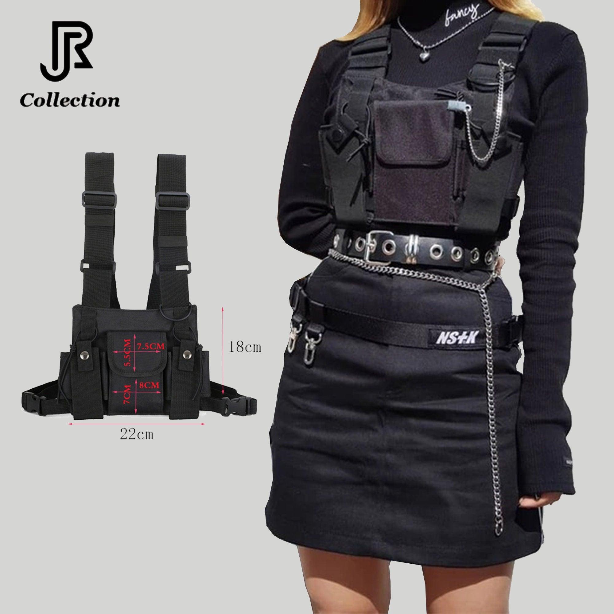 model wearing fashionable west bag chest sling crossbody streetwear