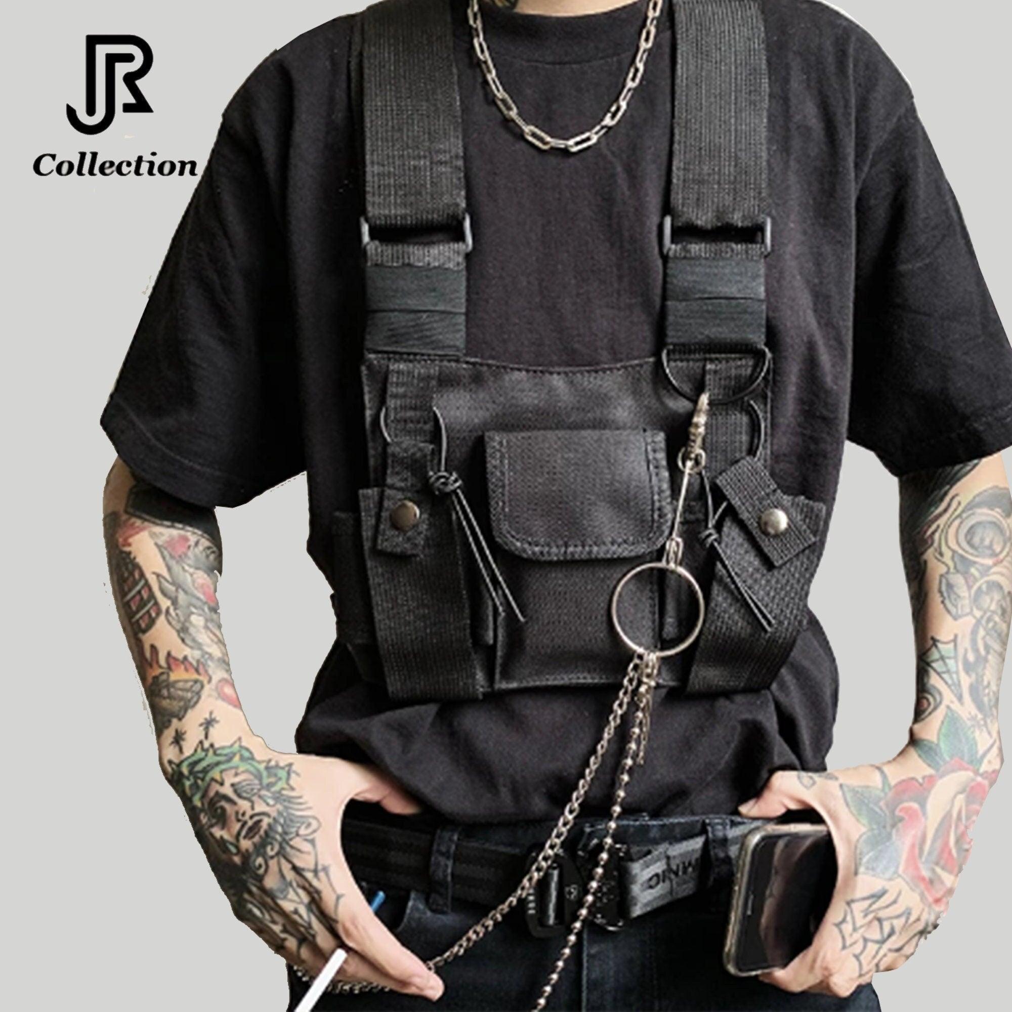 model wearing fashionable west bag chest sling crossbody streetwear